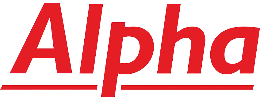 Alpha logo in bold red letters
